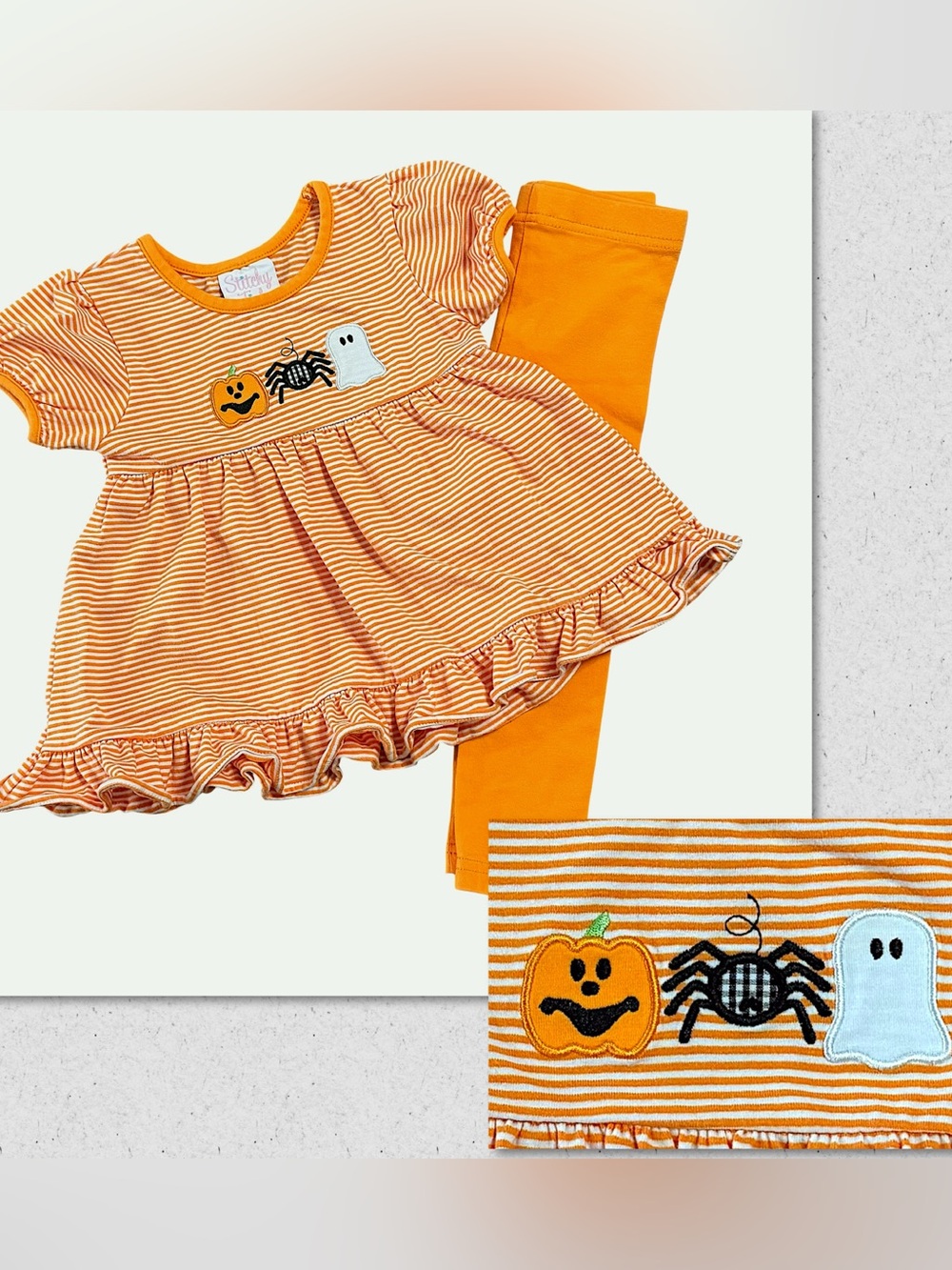 Stitchy Fish Spooks Spiders Halloween Applique Orange Striped Legging Set 24 M